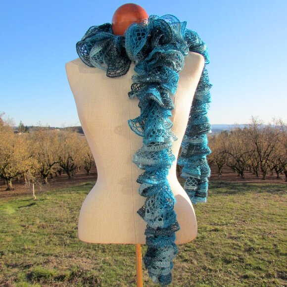 LACE SCARF, TEAL, SPARKLE GRAY, NAVY, TWISTED, SOFT & LONG - WRAP MANY WAYS! - Picture 3 of 6
